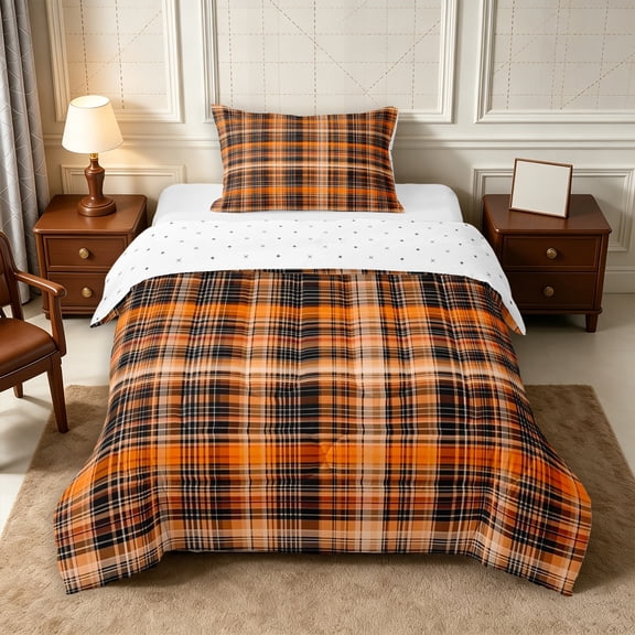 Erosebridal Autumn Plaid Twin Comforter Sets 2pcs,Fall Checkered Bedding Set,Orange Black,Reversible,1 Comforter and 1 Pillowcase