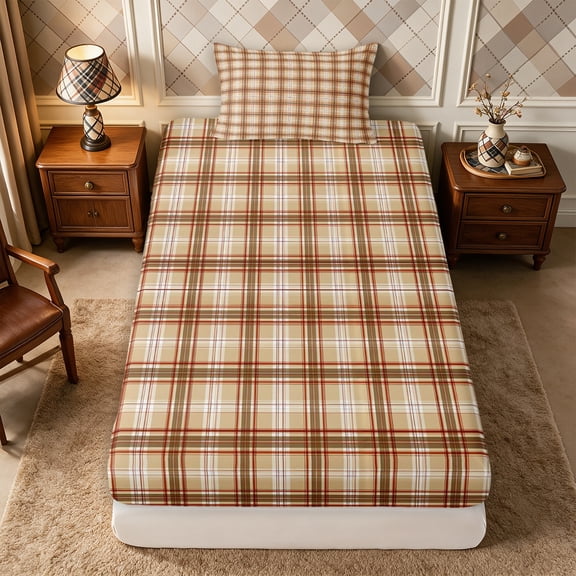 Erosebridal Autumn Plaid Twin Fitted Sheet 2 Pieces,Fall Checkered Bedding,Beige,1 Fitted Sheet and 1 Pillowcase