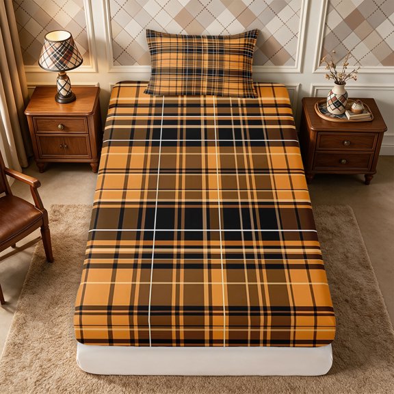 Erosebridal Autumn Plaid Twin Fitted Sheet 2 Pieces,Fall Checkered Bedding,Tan Black,1 Fitted Sheet and 1 Pillowcase