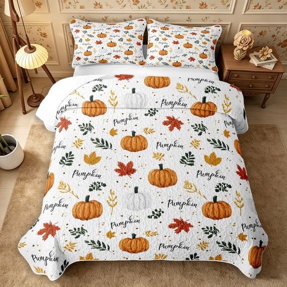 Erosebridal Autumn Pumpkin Bed Spread Queen 3pcs,Fall Harvest Queen Coverlet Set,Green White,1 Quilt and 2 Pillowcases