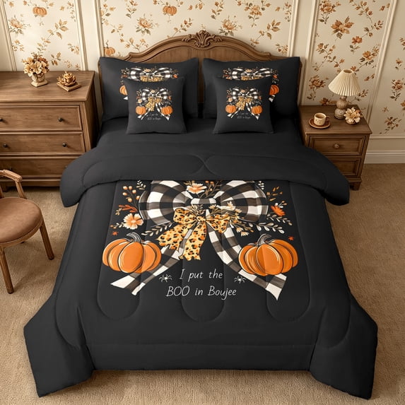 Erosebridal Autumn Pumpkin Bow 7-Piece Twin Bedding,Happy Fall Bedding Comforter Set,Black,Reversible