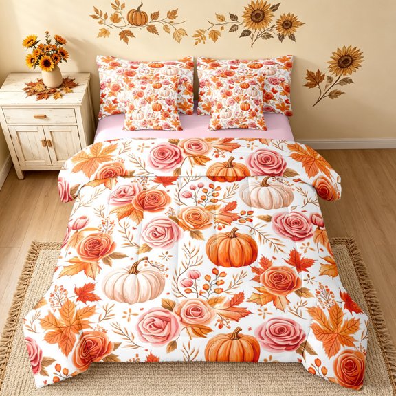 Erosebridal Autumn Pumpkin Full Size Bedding Sets, Garden Rose Floral Full Size Bed in a Bag, White Peach, Pink Reversible, 7 Pieces