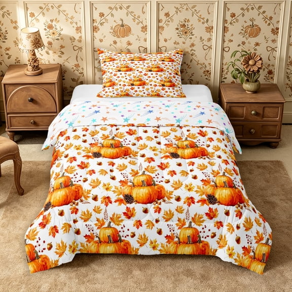 Erosebridal Autumn Pumpkin Twin Comforter Sets 2pcs,Fall Harvest Bedding Set,Orange,Reversible,1 Comforter and 1 Pillowcase