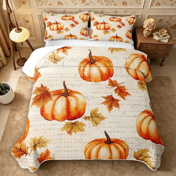 Erosebridal Autumn Pumpkin Twin Quilt Set 2 Pieces,Fall Harvest Twin Coverlet Set,Beige,1 Bedspread and 1 Pillowcase