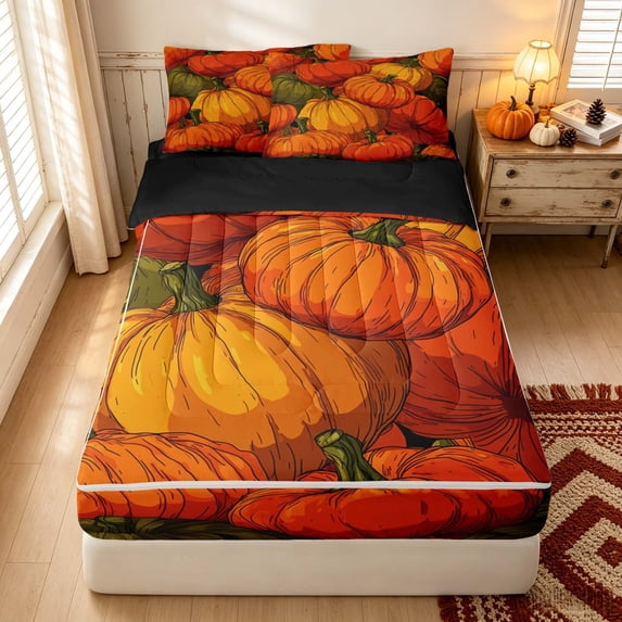 Erosebridal Autumn Pumpkin Zipper Twin Comforter Sets with Fitted Sheet and 2 Pillowcases, Retro Cottage Zipper Bedding Set for Boys Girls, Orange Dark Green, Black Reversible