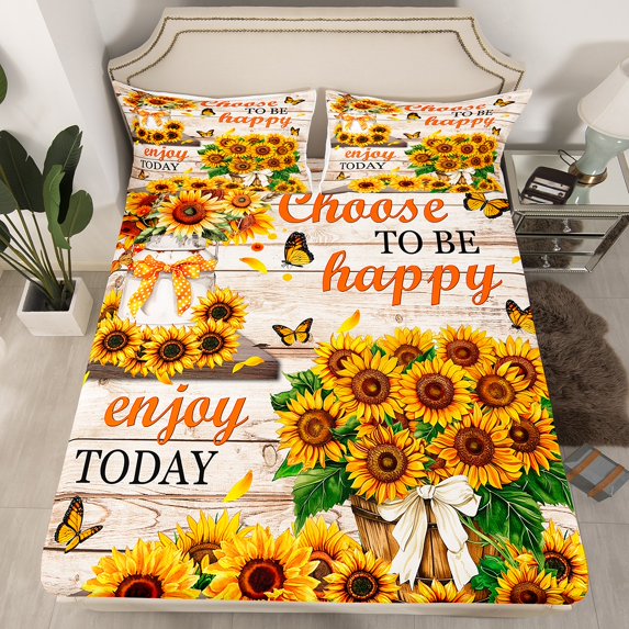 Erosebridal Autumn Sunflower Fitted Sheet Full,Lodge Cabin Bedding Set Full Size,Flower Room Decorative,Lightweight,3-Piece(No Top Sheet)