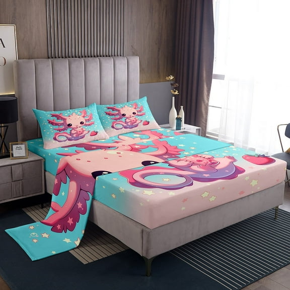 Erosebridal Axolotl Bed Sheets Set Twin Size for Teens, Stars Bed Sheets Twin, Mystic Starry Sky Twin Sheet Sets, Super Cozy Room Decoration, 3-Piece