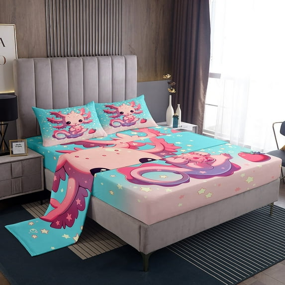Erosebridal Axolotl Bed Sheets Set Twin Size for Teens, Stars Bed Sheets Twin, Mystic Starry Sky Twin Sheet Sets, Super Cozy Room Decoration, 3-Piece