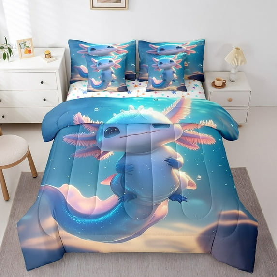 Erosebridal Axolotl Bed in a Bag Twin size for Teens, Blue Bed Set, Mystic Starry Sky Reversible Bedding Twin Size, Microfiber Room Decor, 7 Pieces