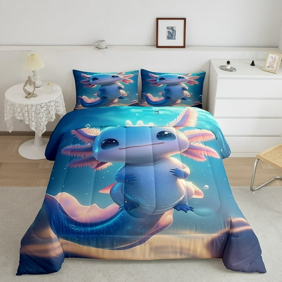 Erosebridal Axolotl Bedding Sets Twin with Comforter for Teens, Blue Duvet Insert, Mystic Starry Sky Reversible Comforter Sets Twin Size, Microfiber Room Decor, 2 Pieces