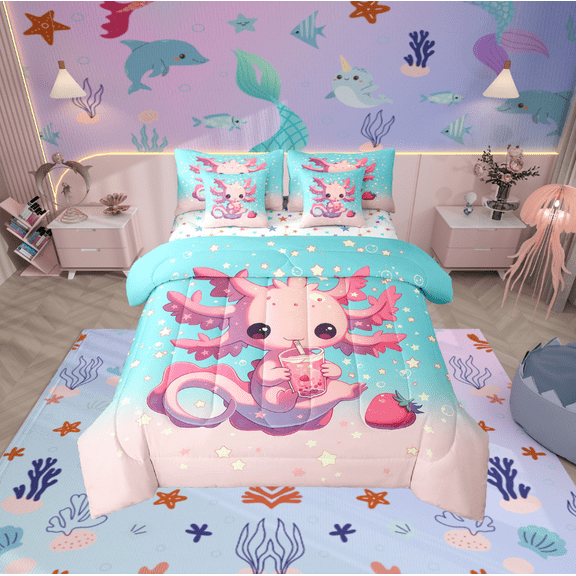 Erosebridal Axolotl Bedding Twin Size for Teens, Stars Bedding Sets Twin Size, Mystic Starry Sky Reversible Bed Set, Super Cozy Room Decoration, 7-Piece