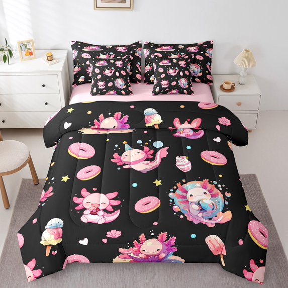 Erosebridal Axolotl Bedding Twin Size for Teens, Black Pink Bedding Sets Twin Size, Donut Dessert Reversible Bed Set, Ultra Soft Room Decor, 7 Pieces