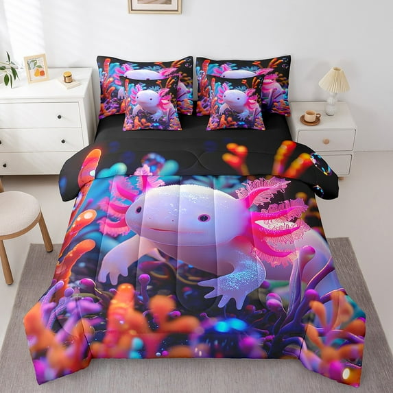 Erosebridal Axolotl Comforter Set Twin 7 Pcs Cute Cartoon Salamander Kawaii Ocean Sealife Bedding Set Reptile Animal Sea Underwater World Bed in a Bag with Comforter,Sheets