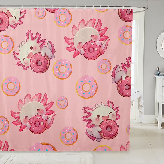 Erosebridal Axolotl Fabric Shower Curtain Cute Axolotl Shower Curtain Cartoon Wildlife Salamander Bathroom Waterproof Accessories with 12 Hooks Sweet Dessert Curtains,72x84 Inches