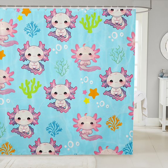 Erosebridal Axolotl Fabric Shower Curtain Pink Cartoon Axolotl Shower Curtain Ocean Animal Bathroom Waterproof Accessories with 12 Hooks Salamander Curtains,72x78 Inches