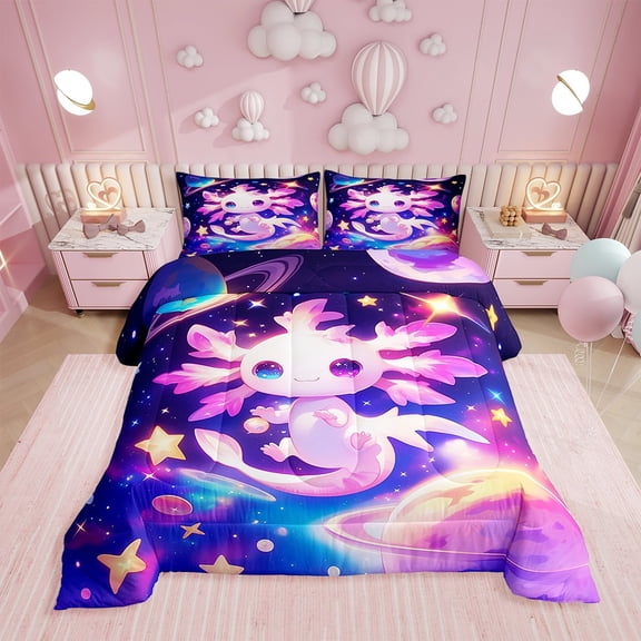Erosebridal Axolotl Quilt,Galaxy Planet Space Bedding Set Cartoon Animal Comforter Set Purple Dreamy Starry Bedding Comforter Sets
