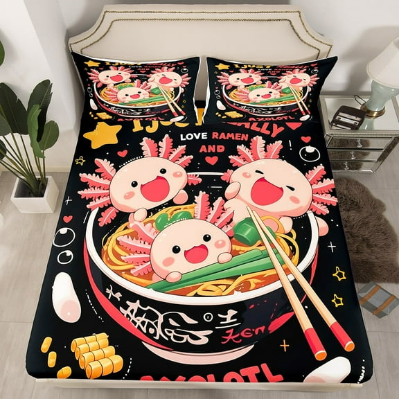 Erosebridal Axolotl and Ramen Fitted Sheet Twin,Japanese Ramen Noodle Bedding Set,Funny Food Bed Sheets Animal Print Bed Set with 1 Pillowcase Room Decor(No Top Sheet)