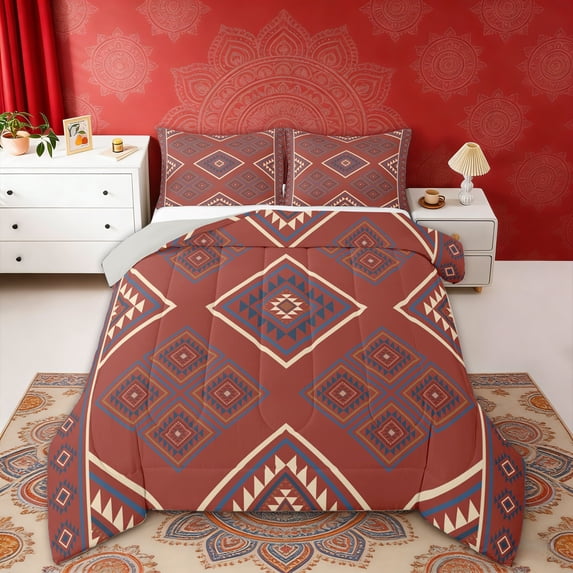 Erosebridal Aztec Aesthetic Full Size Comforter Sets, Red Bedding Sets, Gray Reversible 3-Piece, 1 Comforter and 2 Pillowcases