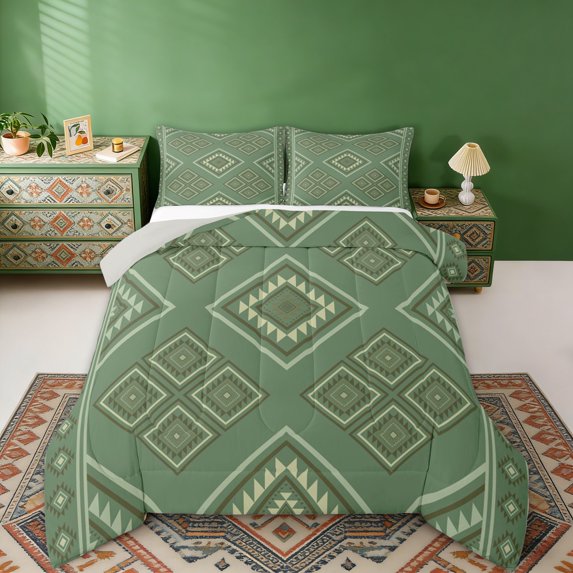 Erosebridal Aztec Aesthetic Queen Comforter Set, Green Bedding Comforter Set, Gray Reversible 3-Piece, 1 Comforter and 2 Pillowcases