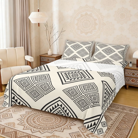 Erosebridal Aztec Aesthetic Queen Sheet Sets, Beige Black Bed Set, 4-Piece 1 Flat Sheet, 1 Fitted Sheet and 2 Pillowcases