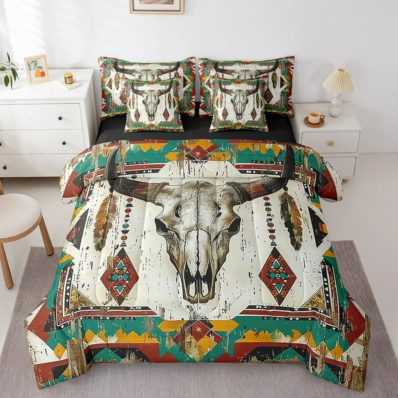 Erosebridal Aztec Bed in a Bag, Boho Skull Bed Set, Hippie Skeleton Reversible Comforter Sets, Ultra Soft Room Decor, 7 Pieces