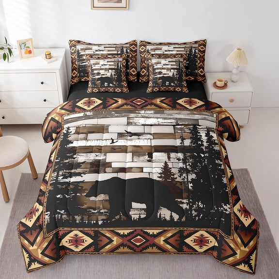 Erosebridal Aztec Bed in a Bag Queen Size,Cute Bear Bed Set,Jungle Animal Wildlife Bedding Queen Size,Lightweight Room Decor Reversible,7pcs