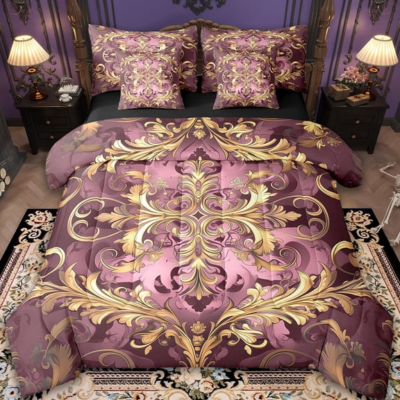 Erosebridal Aztec Damask Bedding King Size,Victorian Baroque Comforter Sets with Sheets,Gold Pink Floral Print Bedding Sets King Size,Ultra Soft Bedroom Decor Reversible,7pcs