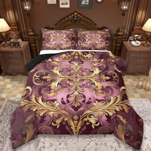 Erosebridal Aztec Damask Bedding Sets Queen with Comforter,Victorian Baroque Duvet Insert,Gold Pink Floral Print Comforter Sets Queen Size,Ultra Soft Bedroom Decor Reversibleļ¼3pcs
