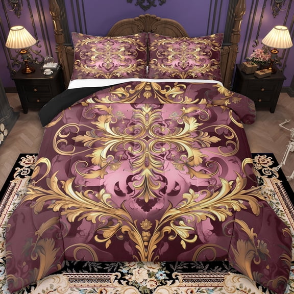 Erosebridal Aztec Damask Bedding Sets Queen with Comforter,Victorian Baroque Duvet Insert,Gold Pink Floral Print Comforter Sets Queen Size,Ultra Soft Bedroom Decor Reversibleļ¼3pcs