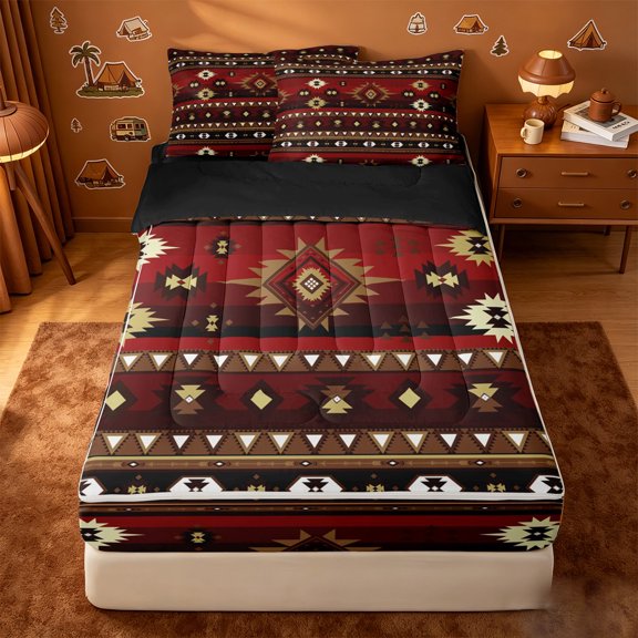 Erosebridal Aztec Triangle Geometric Zipper Twin Comforter Sets with Fitted Sheet and 2 Pillowcases,Rustic Western Cowboy Zipper Bedding Set,Black Reversible,4-Piece