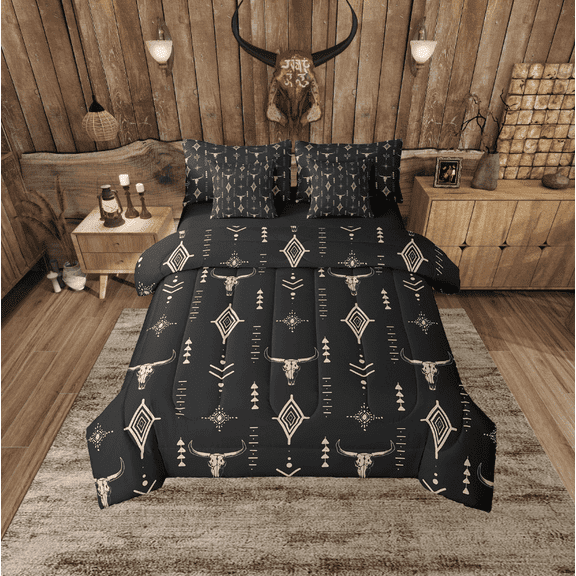 Erosebridal 7 Pieces Aztec Tribal Bedding Queen Size,Western Style Queen Bed Set Skull,Bull Skull Comforter Sets With Sheets,Black Reversible,Breathable Exotic Room Decor