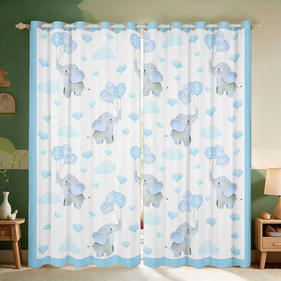 Erosebridal Baby Elephant Blackout Curtains for Girls, Blue Balloons Window Curtains Pack of 2 (38x45 Each)