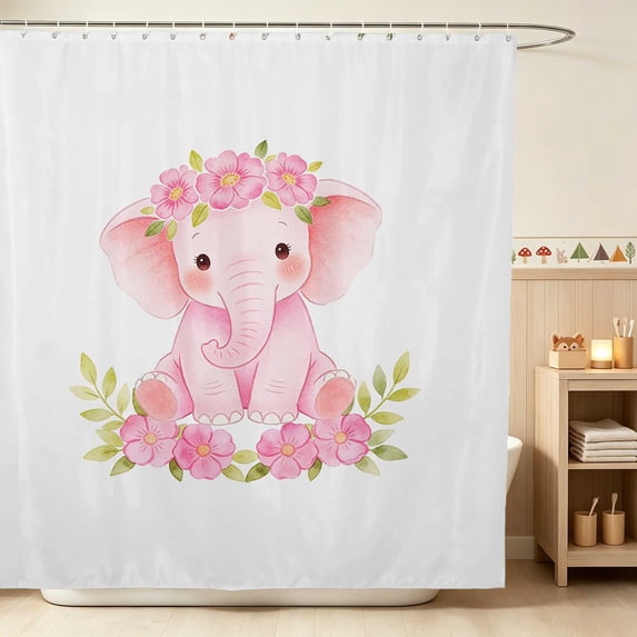 Erosebridal Baby Elephant Shower Curtain 72Wx72L for Girls, Pink Floral Waterproof Bathroom Curtain