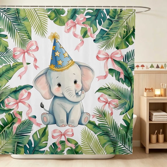 Erosebridal Baby Elephant Shower Curtain 72Wx84L for Girls, Tropical Leaves Waterproof Bathroom Shower Curtain
