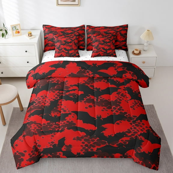 Erosebridal Balck Bats Bedding Sets Twin Size,Abstract Geometric Honeycomb Comforter Sets with Sheets,Red Black Bed in a Bag Twin Size For Boys Kids,Microfiber Bedroom Decor Reversible,7-Piece