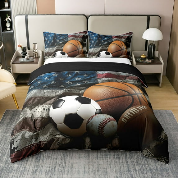 Erosebridal Ball Game 100% Cotton Comforter Cover King,Retro American Flag Bedding Sets King Size,Gaming Room Decor,Reversible,3 Pieces(No Comforter)