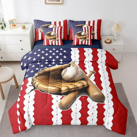 Erosebridal Ball Game Baseball Bedding Sets Twin Size,Usa Flag Comforter Sets with Sheets,Breathable Reversible Bed in a Bag Twin size,Vintage Decoration,7pcs