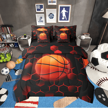 Erosebridal Ball Game Basketball Bedding Sets Twin Size,Neon Hexagon Comforter Sets with Sheets,Geometry Decor,Reversible,Breathable,7-Piece