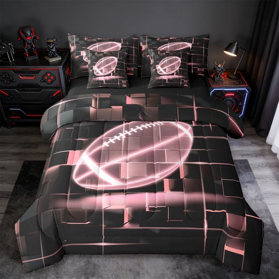 Erosebridal Ball Games Bed in a Bag Twin Size,Rubgy Sport Bed in a Bag Twin Size,Neon Light Ombre Pink Geometry Bedding Twin Size For Girls,Super Cozy Room Decoration Reversible,7 Pieces