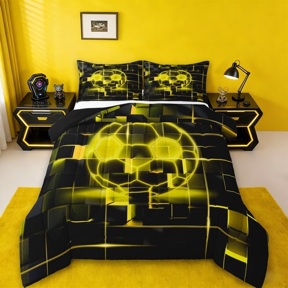 Erosebridal Ball Games Bedding Full Comforter Set,Football Sport Bedding Full Comforter Set,Yellow Neon Light Bedding Sets Full with Comforter,Super Cozy Room Decoration Reversible,3 Pieces