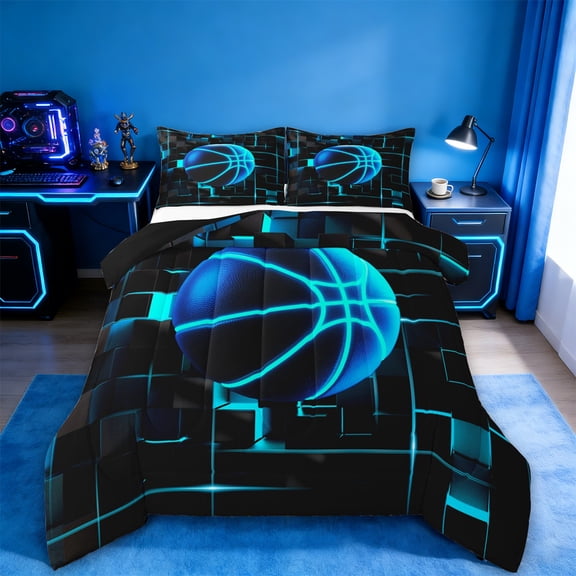 Erosebridal Ball Games Bedding Twin Comforter Set,Basketball Sport Bedding Twin Comforter Set,Blue Neon Light Ombre Geometry Bedding Sets Twin,Super Cozy Room Decoration Reversible,2 Pieces