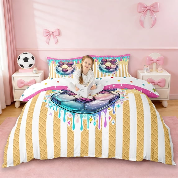 Erosebridal Ball Games Kids Duvet Cover Set,Soccer Ice Cream Leopard Print Bowknot Bedding Full For Football Girls,Reversible 3-Piece,No Comforter