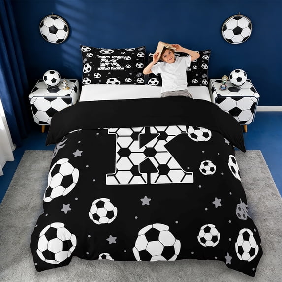 Erosebridal Ball Games Queen Duvet Cover Set,Kids Cartoon Monogrammed K Bedding For Football Boys,Reversible Black 3pcs,No Comforter