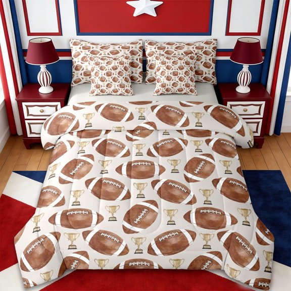Erosebridal Ball Games Trophy 7pcs Bedding Comforter Set,Rugby Football Sport Queen Bedding Sets For Kids Boys,Reversible lightgray