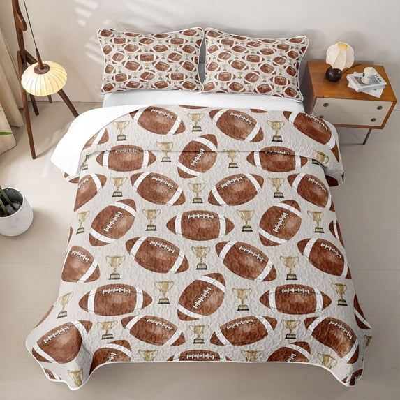 Erosebridal Ball Games Trophy Bed Spread Queen,Rugby Football Sport Queen Coverlet Set For Kids Boys,3-Piece