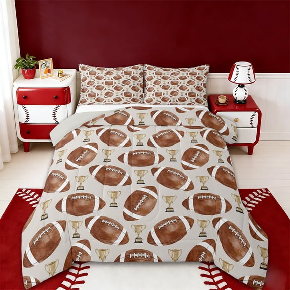 Erosebridal Ball Games Trophy Queen Comforter Set,Rugby Football Sport Bedding Comforter Set For Kids Boys,Reversible lightgray,3-Piece