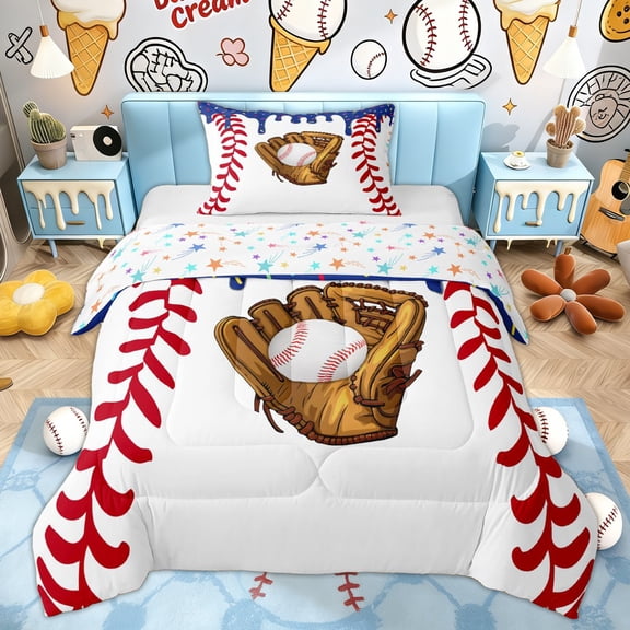Erosebridal Ball Gaming Kids Twin Comforter Sets, Baseball Ice Cream Bedding Set, Stars Reversible, 2pcs
