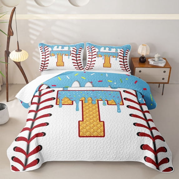 Erosebridal Ball Monogrammed T Twin Quilt Set for Boys Girls, Cartoon Ice Cream Drip Twin Coverlet Set, 2-Piece