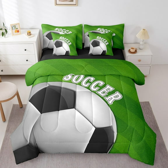 Erosebridal Ball Soccer Bedding Sets Twin Size,Black White Green Comforter Sets with Sheets,Sport Gamer Bed in a Bag Twin size,Ultra Soft Ball Gaming Bedroom Decorative,Reversible,7pcs