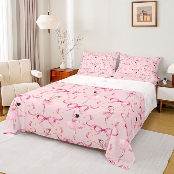 Erosebridal Ballet Dancer Girls Bed Sheets, Princess Bowknot King Sheets, 4 Pieces